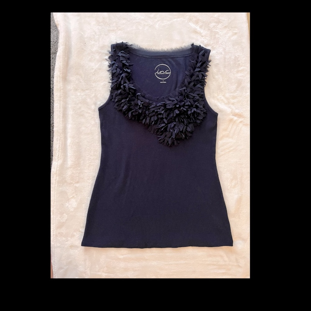 INC International Concepts Blue Ribbed tank with detail at collar. Size Large